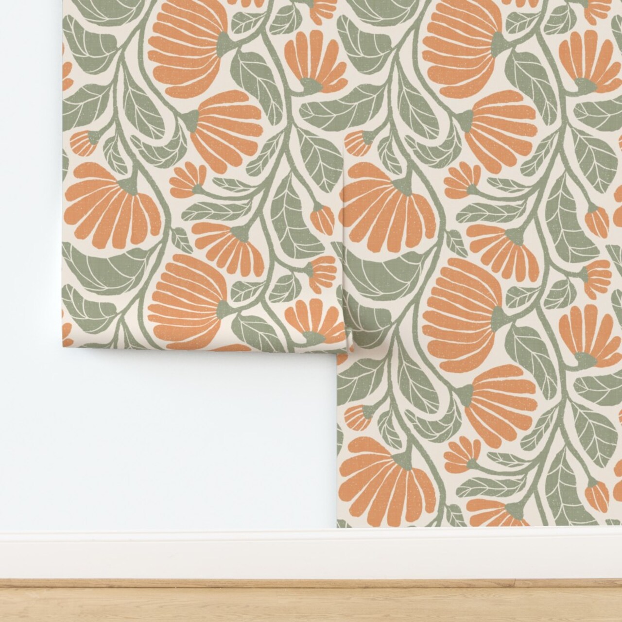 Boho Floral Modern Farmhouse Chic Cottage Vintage Botanical Damask Flowers Rustic Kitchen Moss Sage Green Retro Block Print Peach Orange Large Custom Pre-pasted Wallpaper by Spoonflower Pre-Pasted Wallpaper 2FT Wide